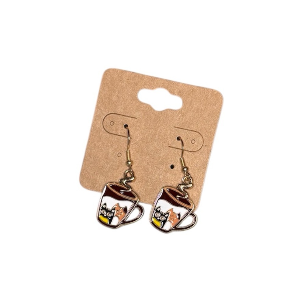 Enamel Coffee Cup Cat Dangle Earrings NWOT